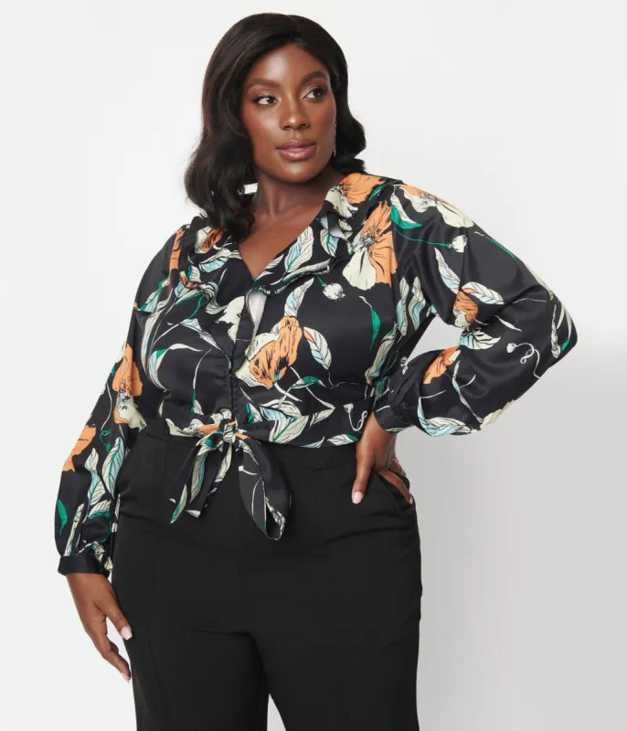 Unique Vintage Plus Size 1970s Black & Orange Floral Ruffled & Ready Crop Top sold by Unique Vintage