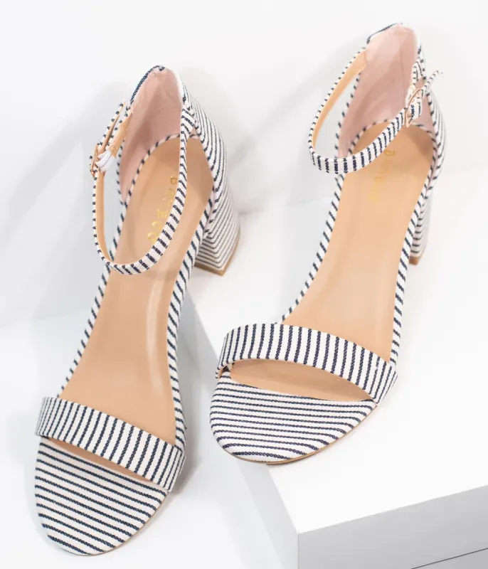 Dark Navy & White Stripe Textile Heel Sandals sold by Unique Vintage