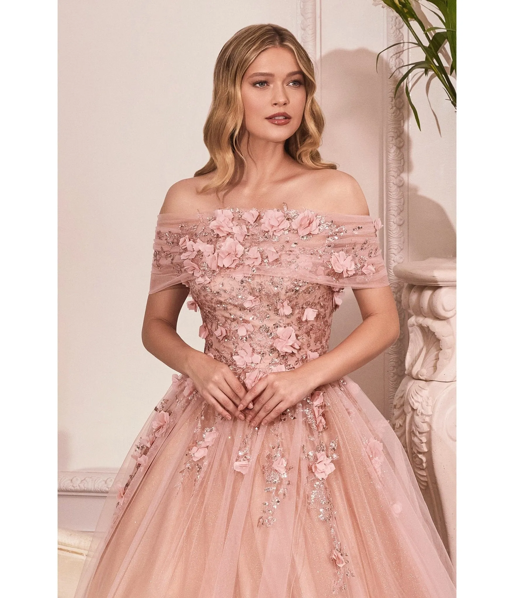 Cinderella Divine Blush & Rose Gold Off The Shoulder Magical Glitter Bridesmaid Ball Gown sold by Unique Vintage product image thumbnail 3