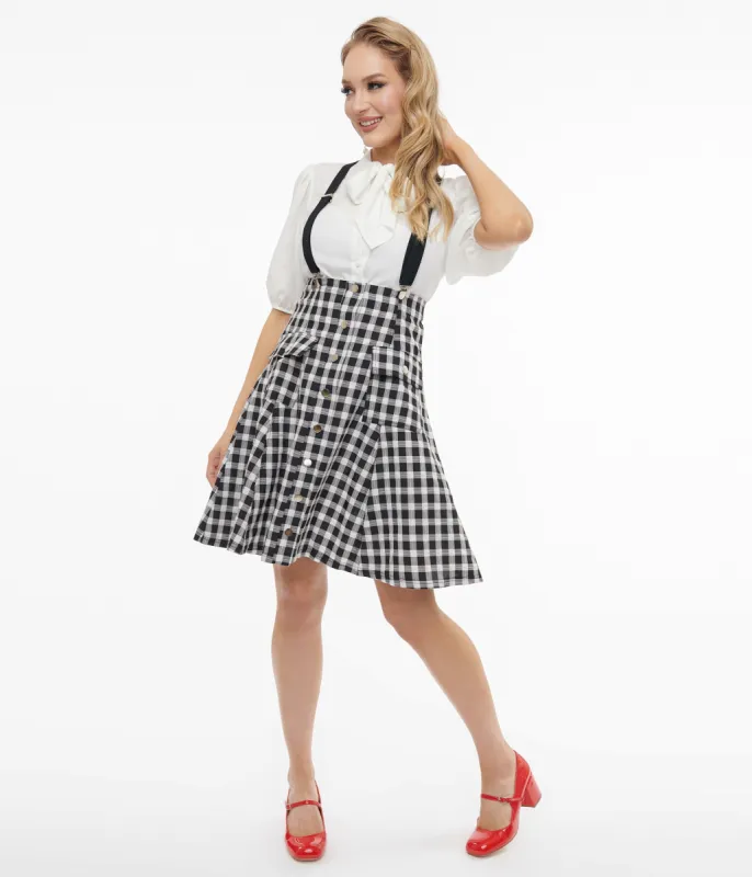 Unique Vintage 1950s Black & White Gingham Suspender Flare Skirt sold by Unique Vintage