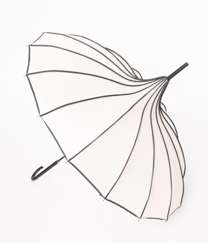 Unique Vintage Ivory & Black Polka Dot Princess Pagoda Umbrella sold by Unique Vintage