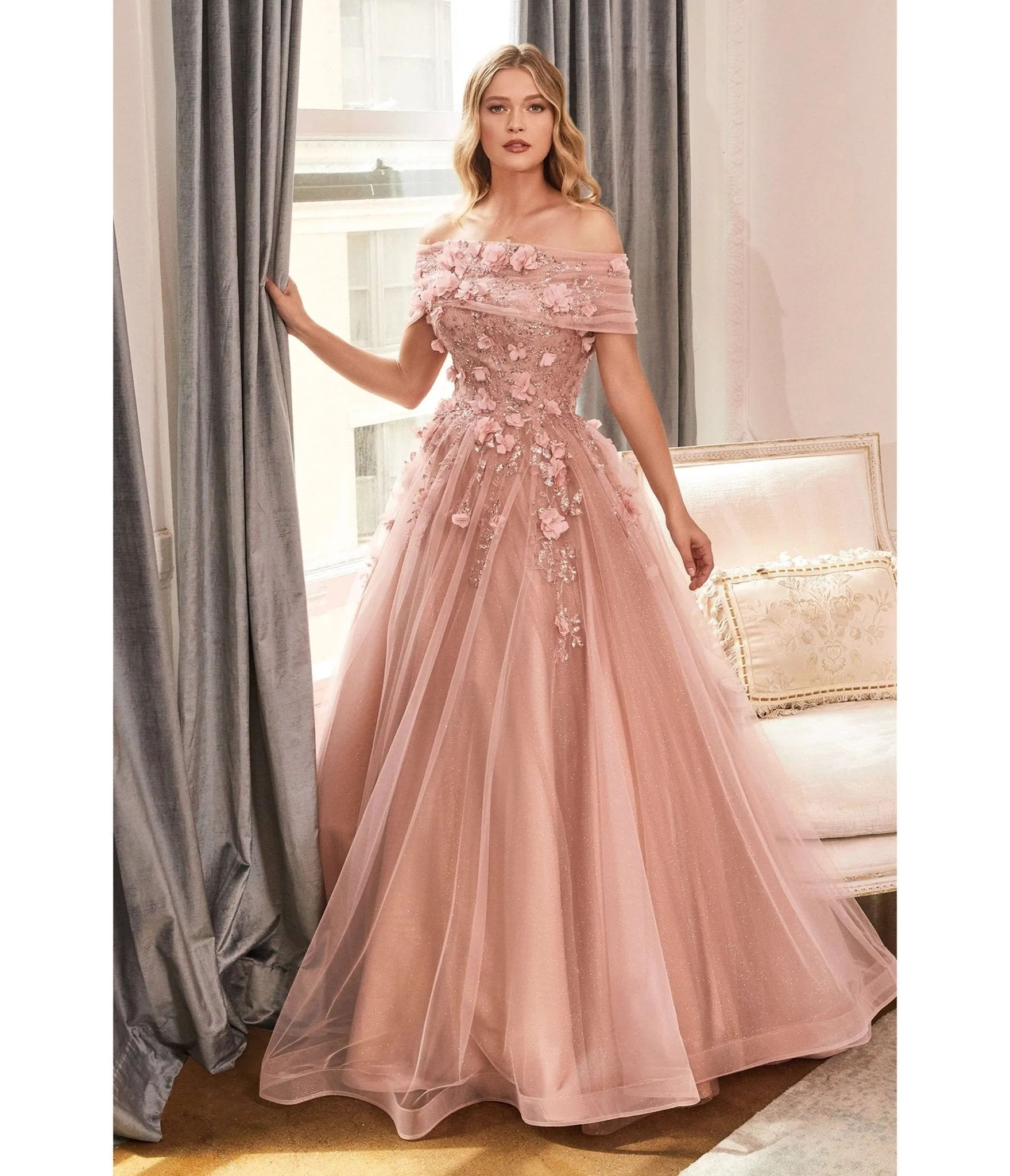 Cinderella Divine Blush & Rose Gold Off The Shoulder Magical Glitter Bridesmaid Ball Gown sold by Unique Vintage