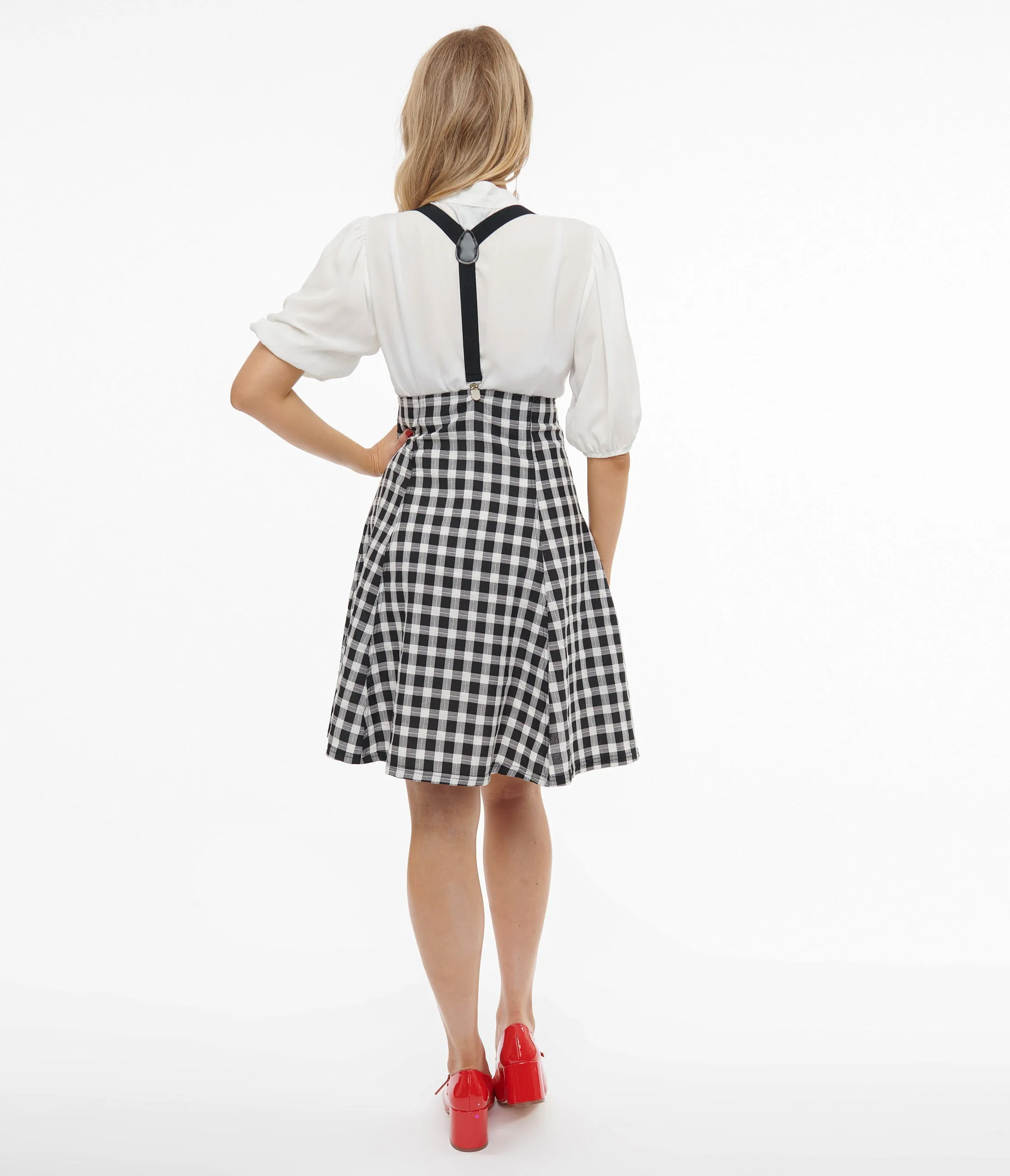 Unique Vintage 1950s Black & White Gingham Suspender Flare Skirt sold by Unique Vintage product image thumbnail 2