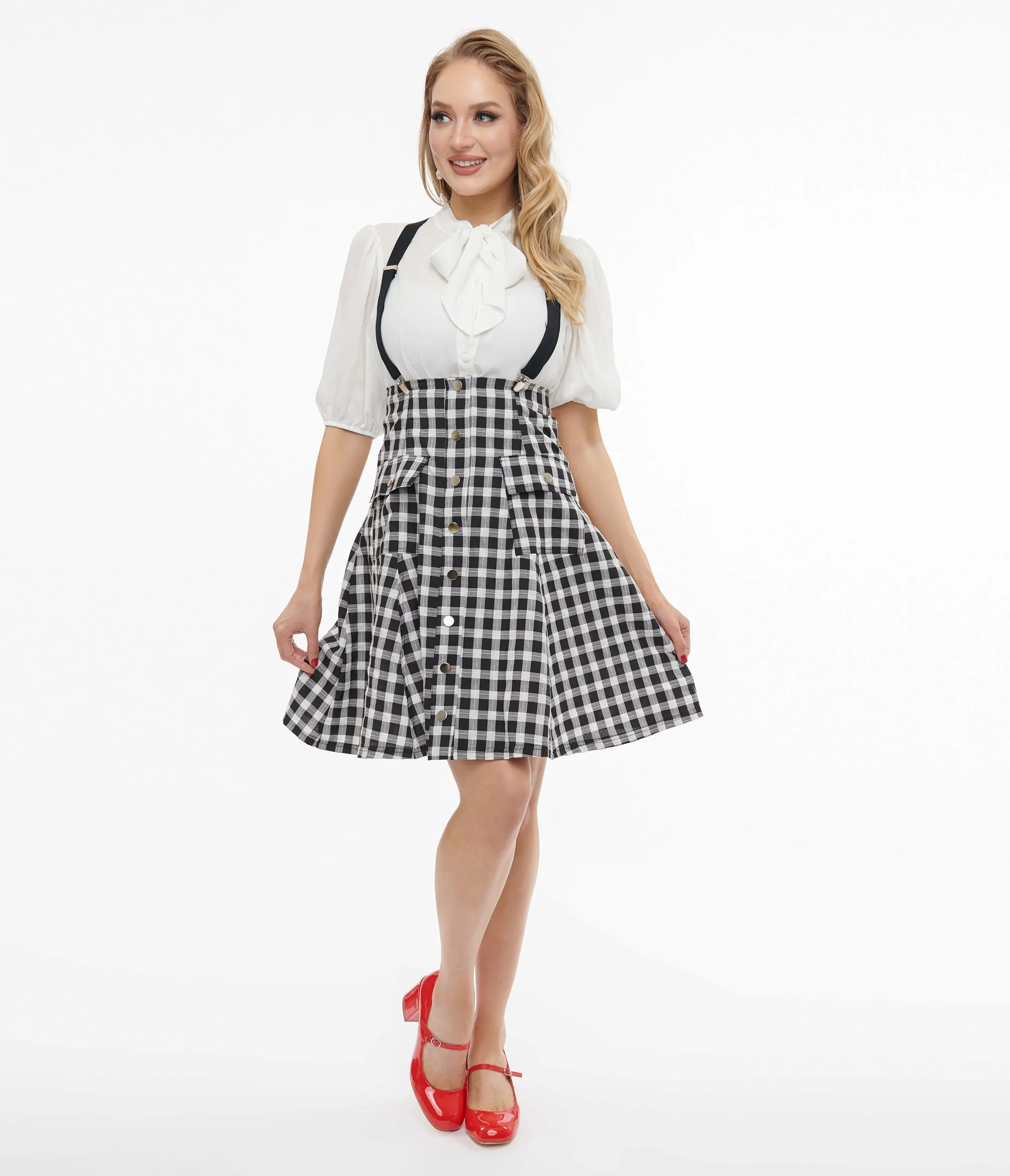 Unique Vintage 1950s Black & White Gingham Suspender Flare Skirt sold by Unique Vintage product image thumbnail 3