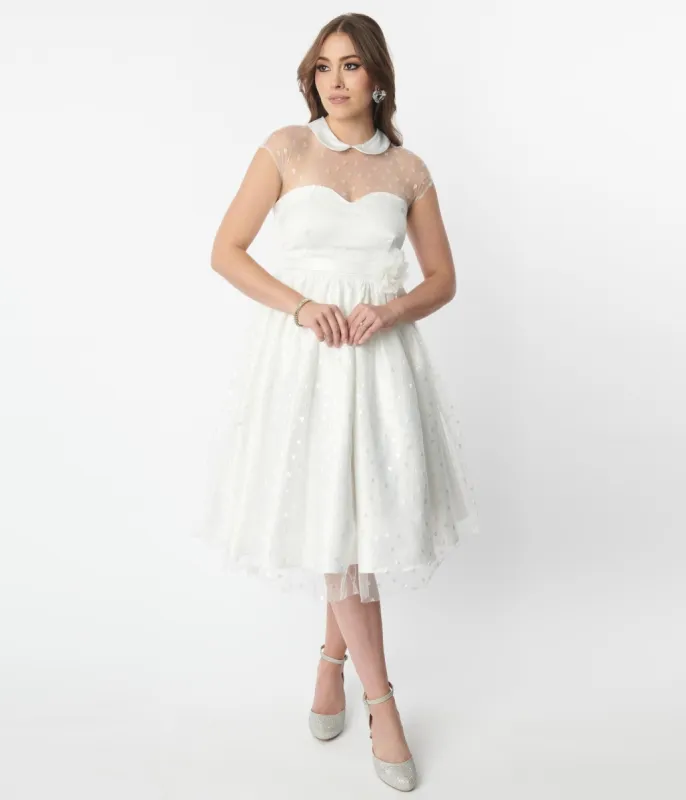 Unique Vintage White & Iridescent Heart Bridal Swing Dress sold by Unique Vintage