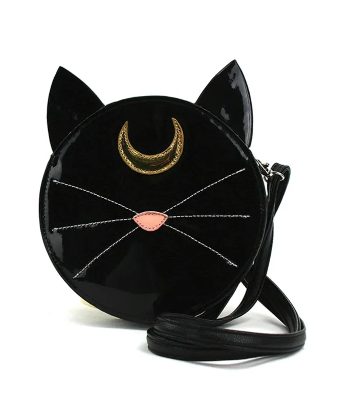 Black Patent Leatherette Mystical Black Cat Face Crossbody Bag sold by Unique Vintage