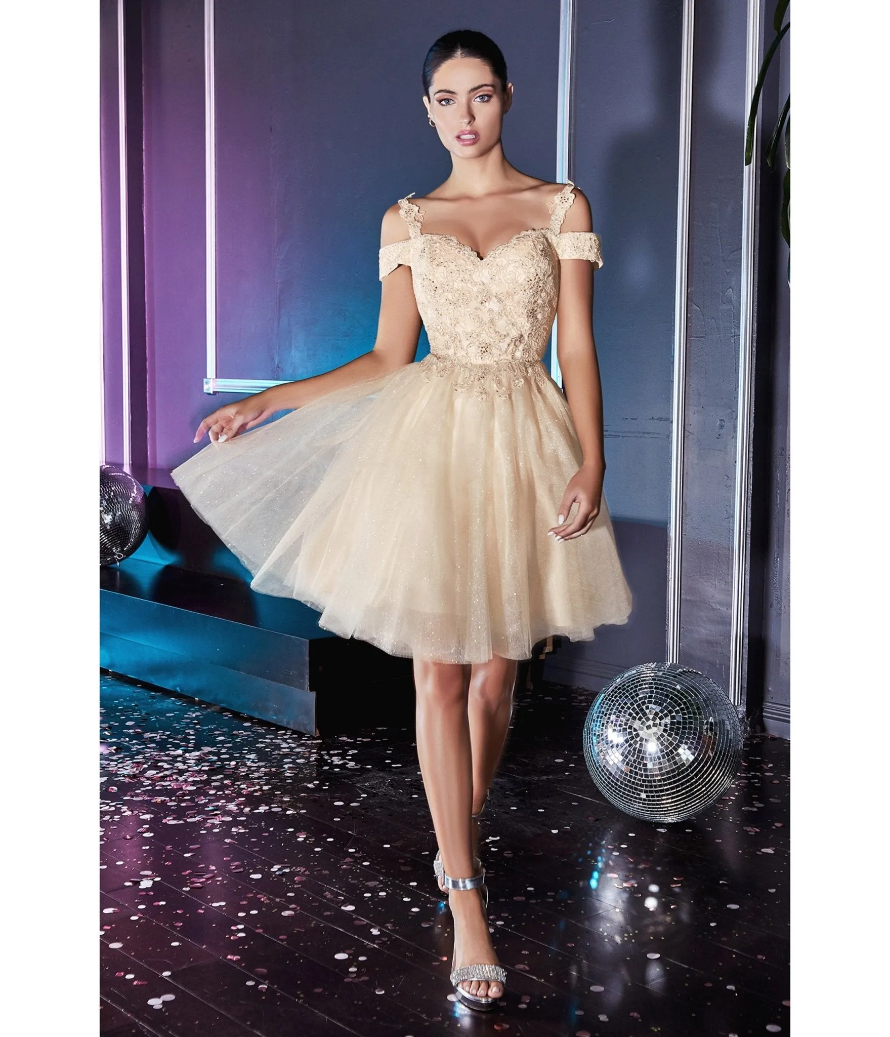Ladivine by Cinderella Divine Champagne Glitter Tulle Cold Shoulder Homecoming Dress sold by Unique Vintage