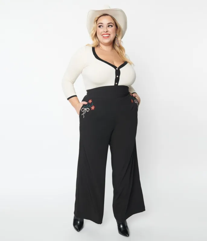 Unique Vintage Plus Size 1940s Black & Floral Embroidery High Waist Pants sold by Unique Vintage