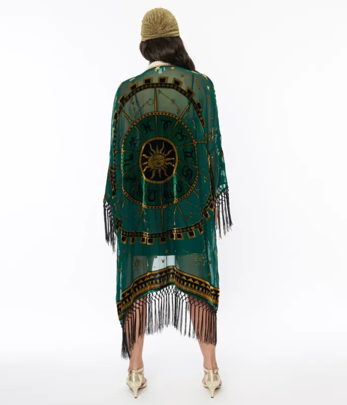 Unique Vintage 1920s Green & Gold Velvet Zodiac Fringe Kimono sold by Unique Vintage