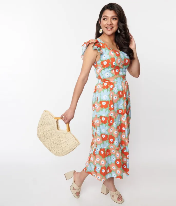 Light Blue & Red Floral Tiered Midi Skirt sold by Unique Vintage