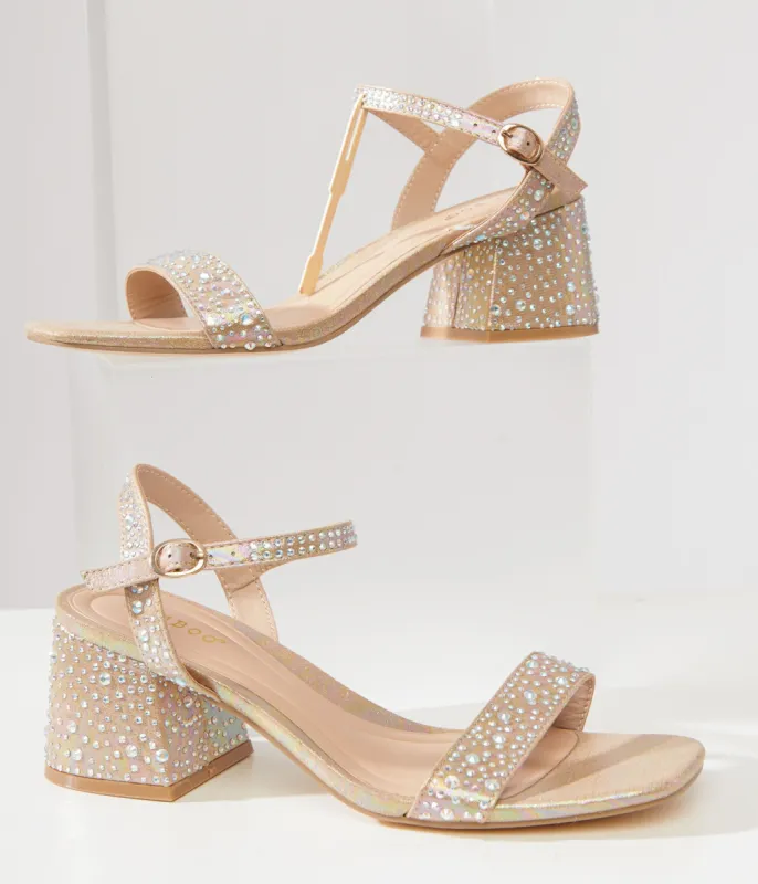 Nude & Silver Rhinestone Kitten Peep Toe Heels sold by Unique Vintage