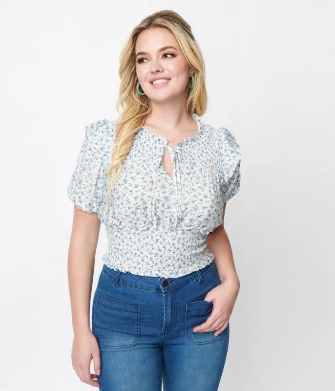 White & Blue Floral Smocked Waist Top sold by Unique Vintage