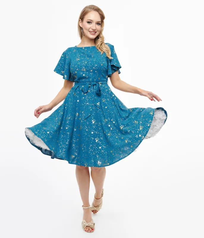 Unique Vintage 1930s Teal & Gold Star Swing Dress sold by Unique Vintage