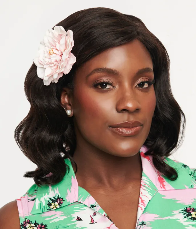 White Pink Peony Hair Flower sold by Unique Vintage