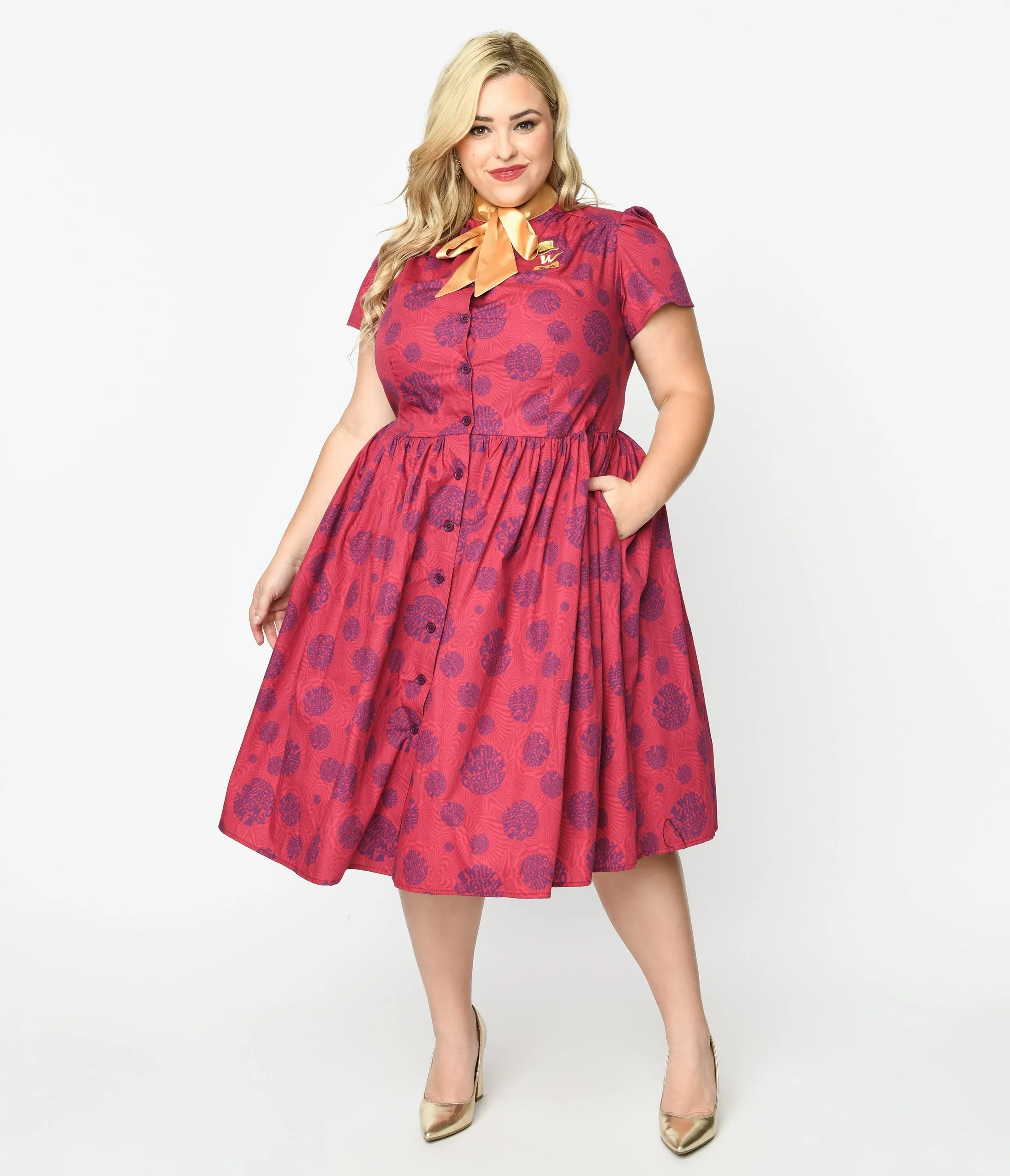 Willy Wonka x Unique Vintage Plus Size Berry Swirls & Gold Bow Swing Dress sold by Unique Vintage