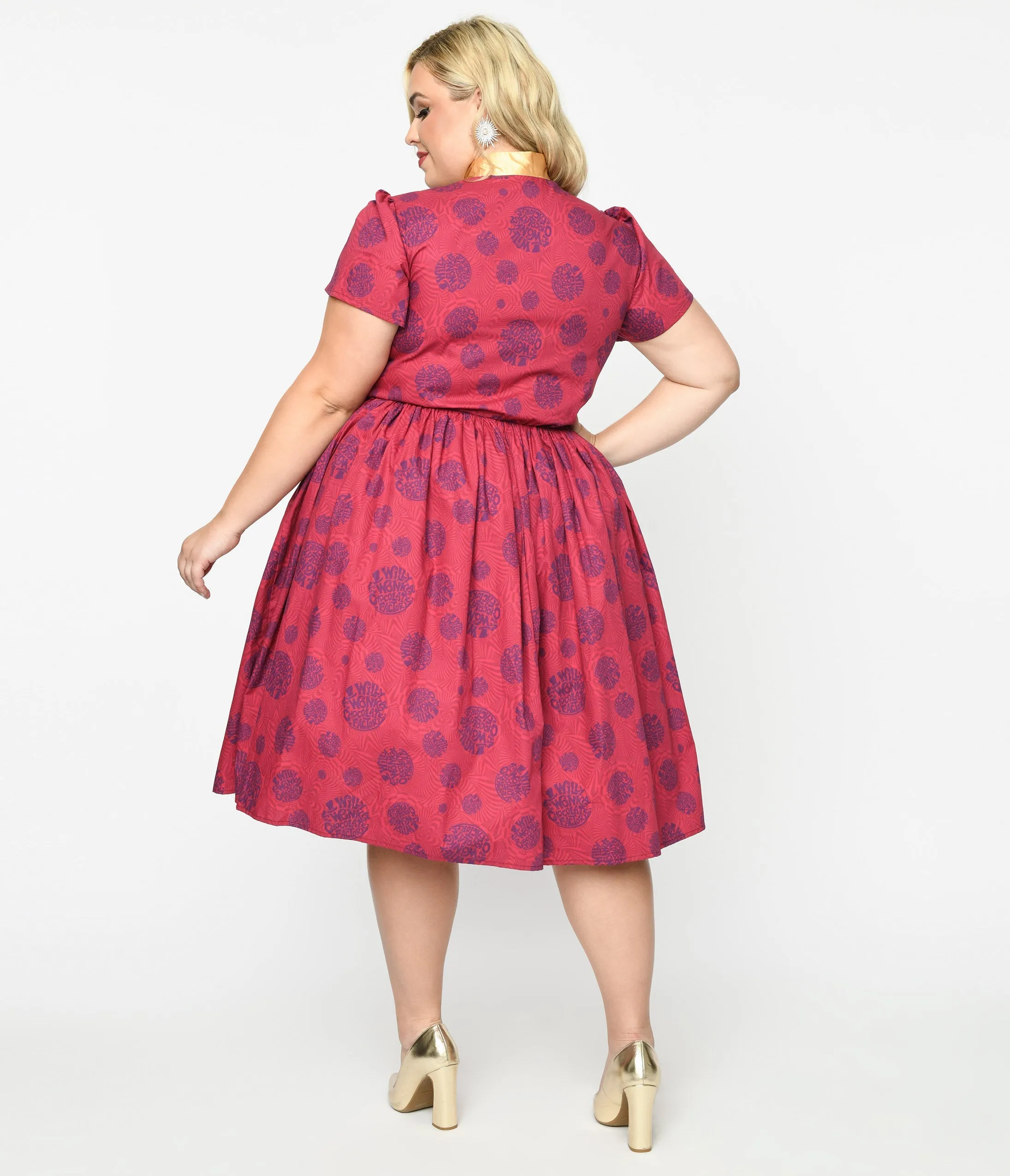 Willy Wonka x Unique Vintage Plus Size Berry Swirls & Gold Bow Swing Dress sold by Unique Vintage product image thumbnail 3