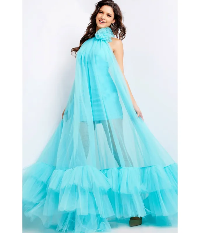 Jovani Turquoise Tulle High Neck Prom Dress sold by Unique Vintage