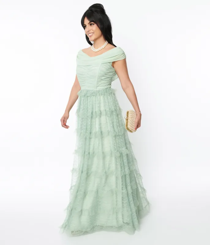 Unique Vintage 1950s Mint Green Clip Dot Off The Shoulder Cocktail Dress sold by Unique Vintage