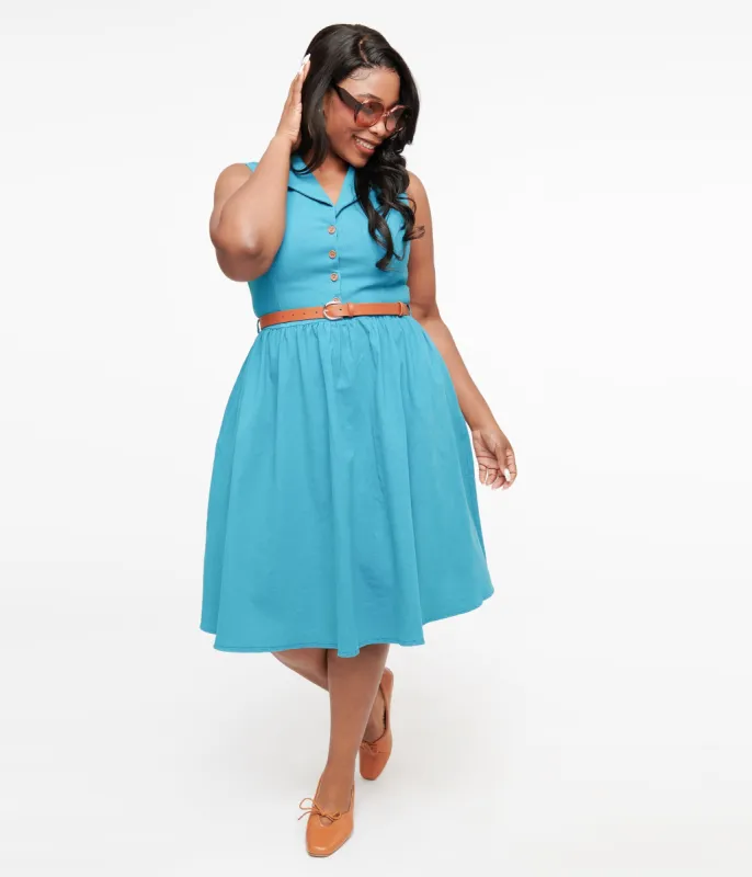 Collectif Plus Size 1950s Blue Denim Donda Swing Dress sold by Unique Vintage