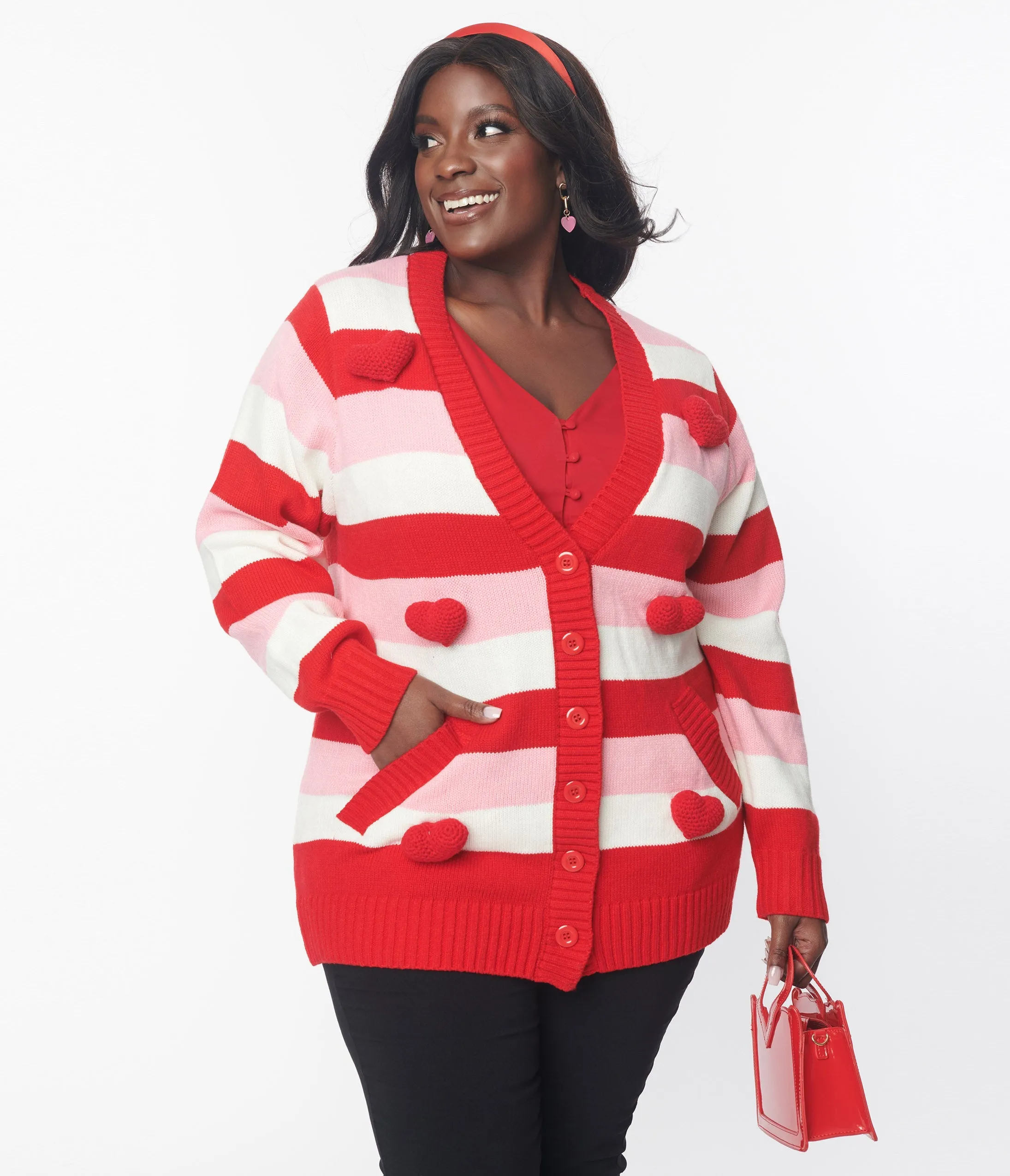 Unique Vintage Plus Size Pink & Red Striped Crochet Hearts Cardigan sold by Unique Vintage