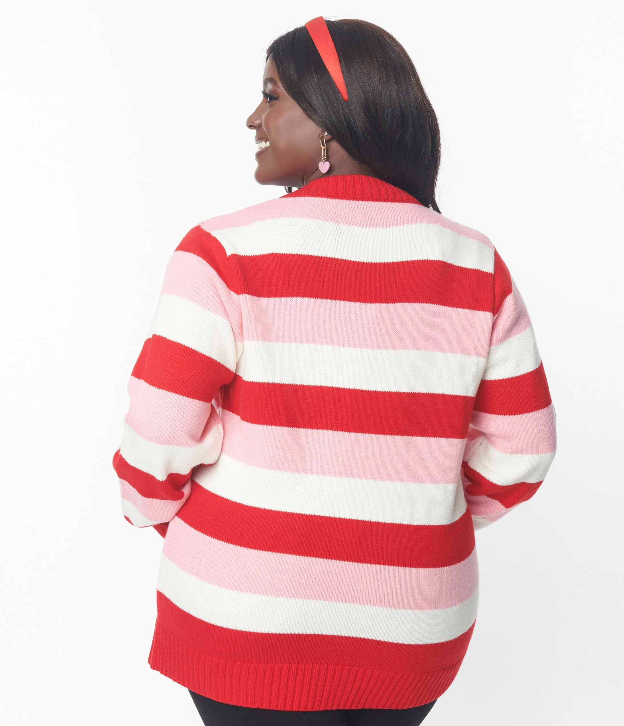 Unique Vintage Plus Size Pink & Red Striped Crochet Hearts Cardigan sold by Unique Vintage product image thumbnail 2