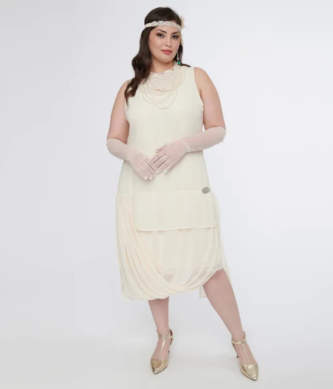 Unique Vintage Plus Size 1920s Ivory Draped Chiffon Flapper sold by Unique Vintage