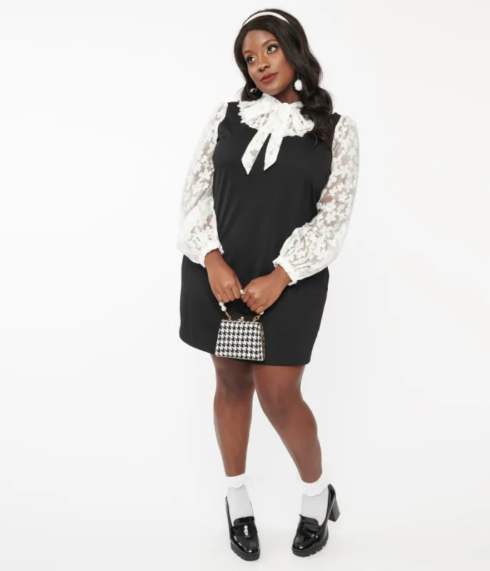 Smak Parlour Plus Size Black & White Floral Bow Neck Shift Dress sold by Unique Vintage