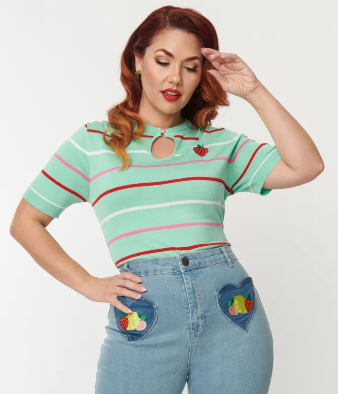 Hell Bunny Plus Size 1970s Mint Stripe Berry Knit Top sold by Unique Vintage
