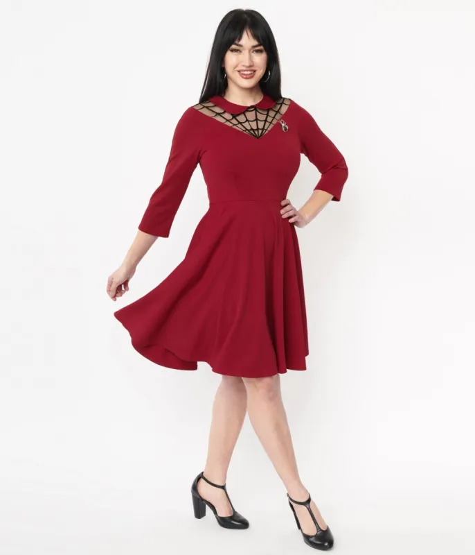 Unique Vintage 1950s Burgundy Spiderweb Endora Fit & Flare Dress sold by Unique Vintage