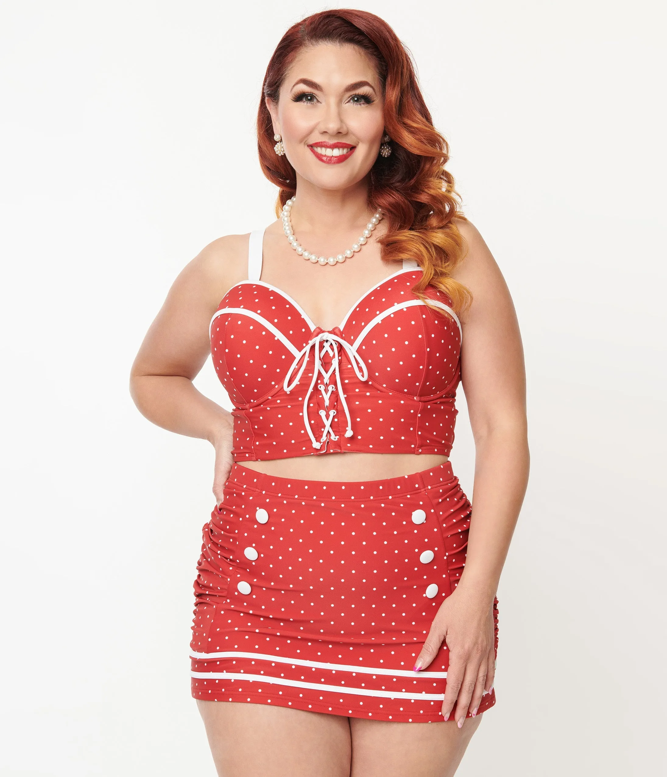 Unique Vintage Plus Size Red & White Pin Dot Sailor Swim Bottom sold by Unique Vintage