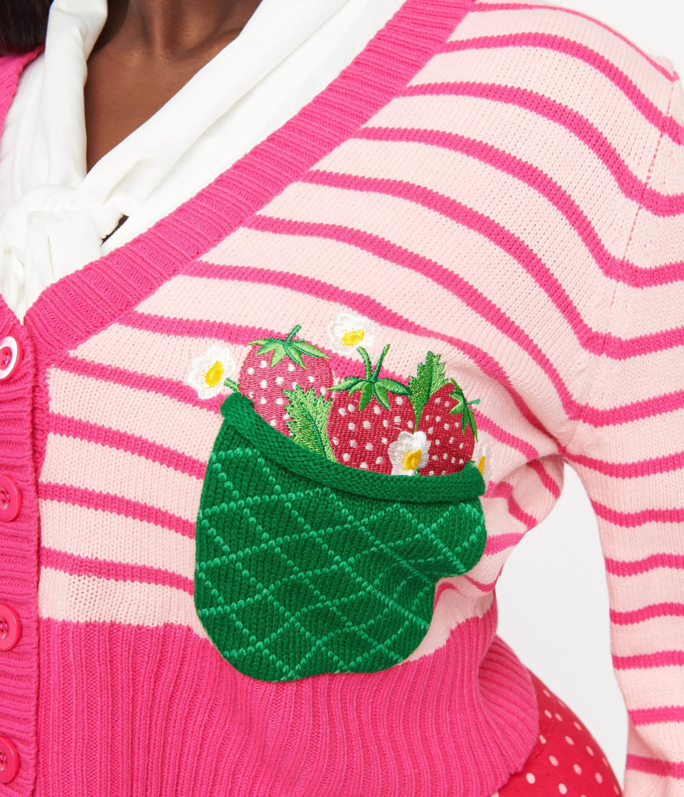 Smak Parlour Plus Size 1960s Pink Stripes & Strawberry Pocket Cardigan sold by Unique Vintage product image thumbnail 2