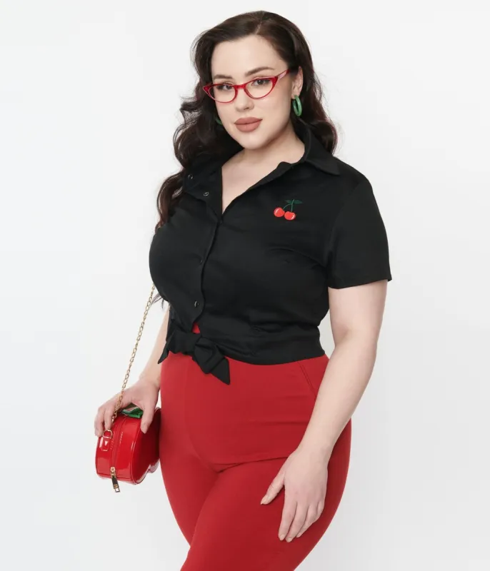 Black & Red Cherry Patch Crop Top sold by Unique Vintage