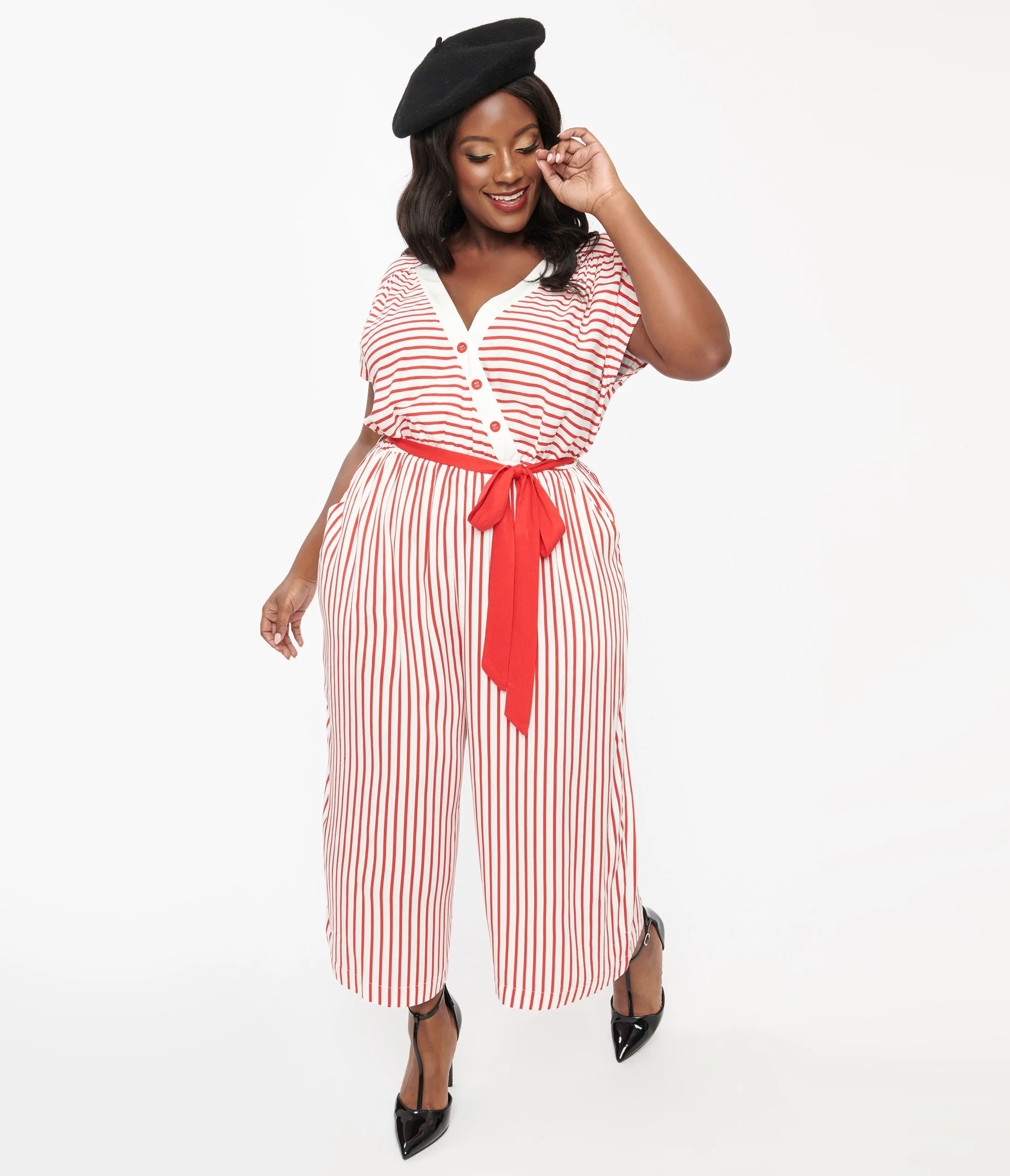 Hell Bunny Plus Size 1950s White & Red Striped Jumpsuit sold by Unique Vintage product image thumbnail 3