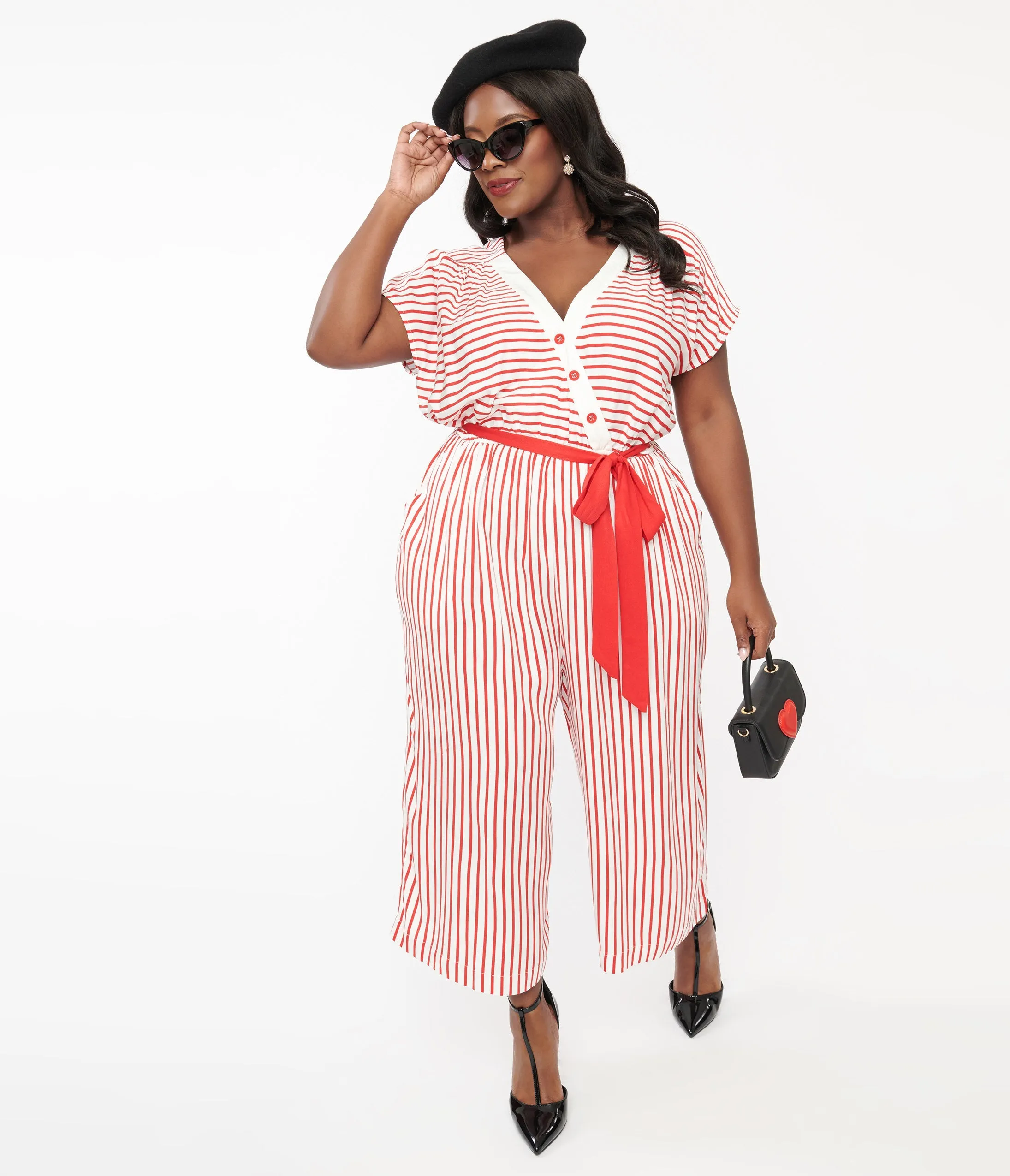 Hell Bunny Plus Size 1950s White & Red Striped Jumpsuit sold by Unique Vintage