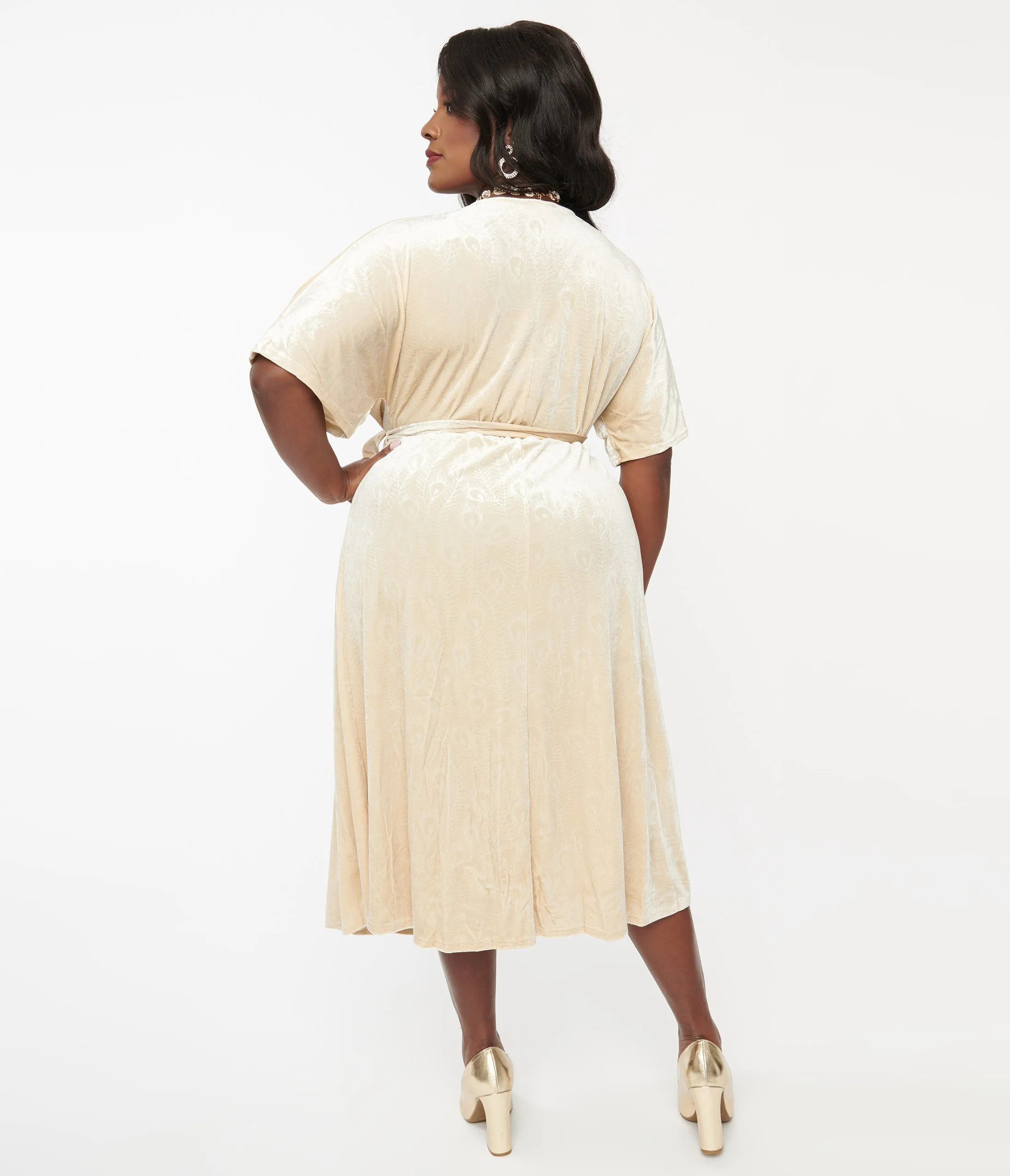 Unique Vintage Plus Size 1970s Ivory Peacock Velvet Wrap Midi Dress sold by Unique Vintage product image thumbnail 3
