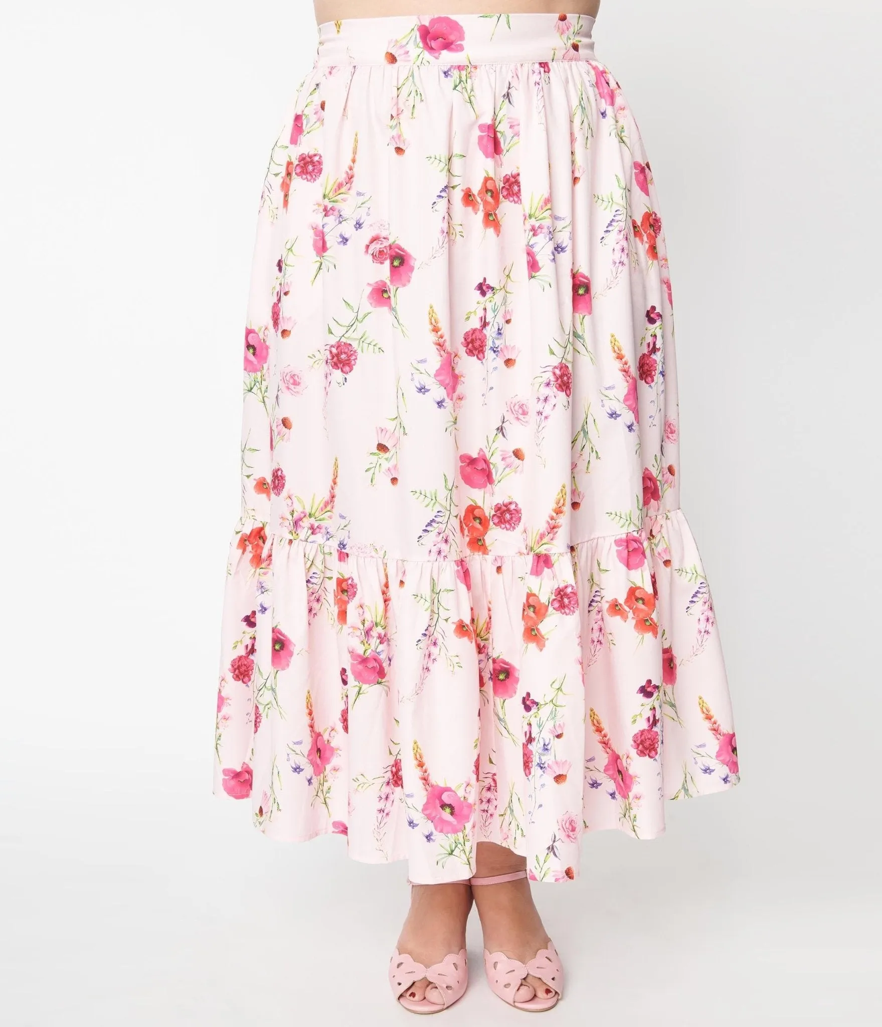 Unique Vintage Plus Size 1970s Light Pink Floral Tiered Midi Skirt sold by Unique Vintage product image thumbnail 2