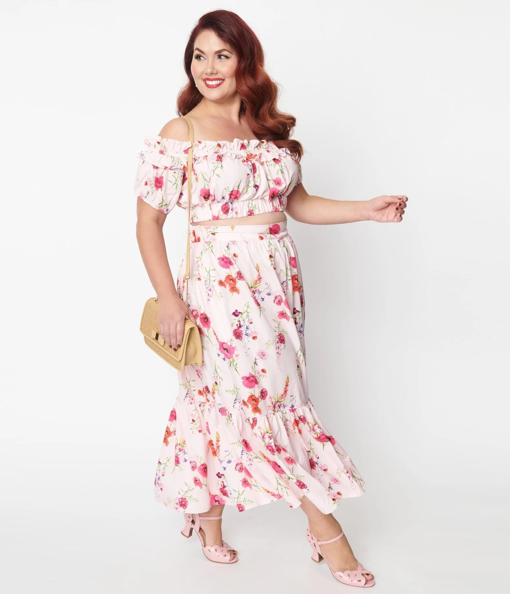 Unique Vintage Plus Size 1970s Light Pink Floral Tiered Midi Skirt sold by Unique Vintage product image thumbnail 5
