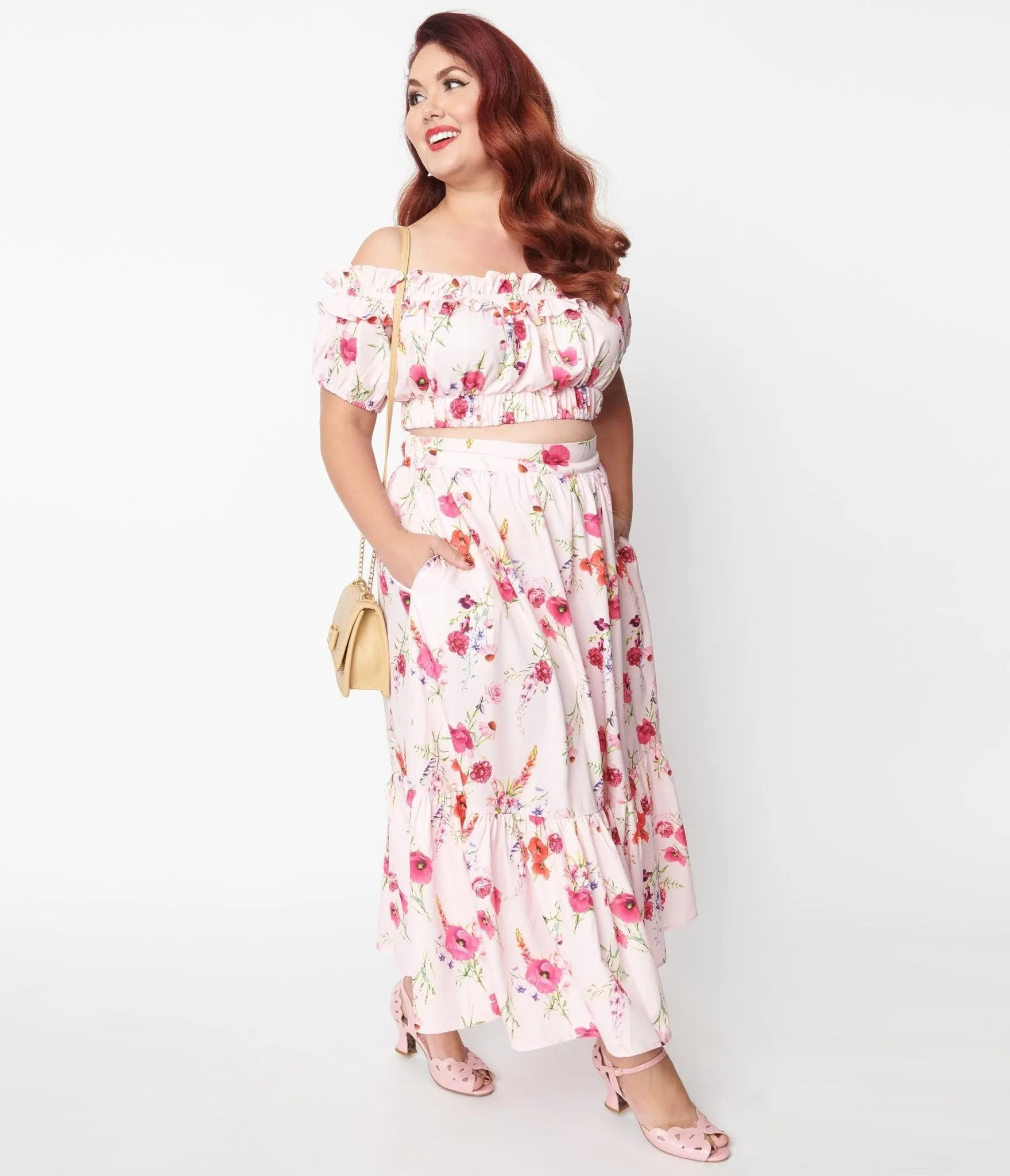 Unique Vintage Plus Size 1970s Light Pink Floral Tiered Midi Skirt sold by Unique Vintage