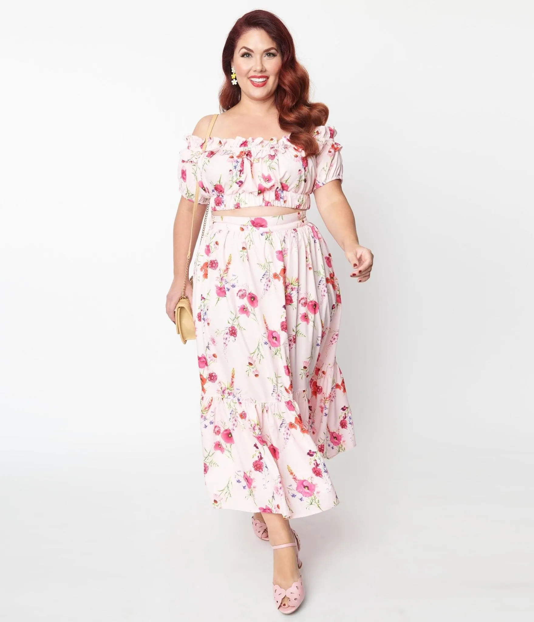 Unique Vintage Plus Size 1970s Light Pink Floral Tiered Midi Skirt sold by Unique Vintage product image thumbnail 4