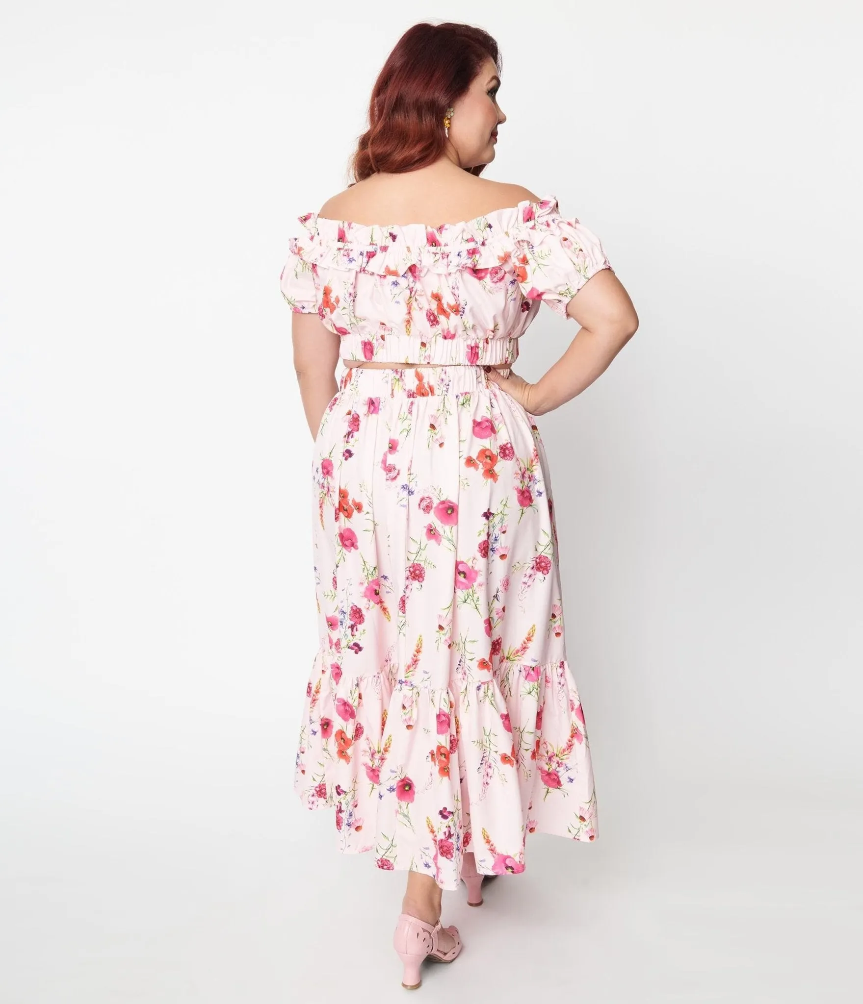Unique Vintage Plus Size 1970s Light Pink Floral Tiered Midi Skirt sold by Unique Vintage product image thumbnail 3