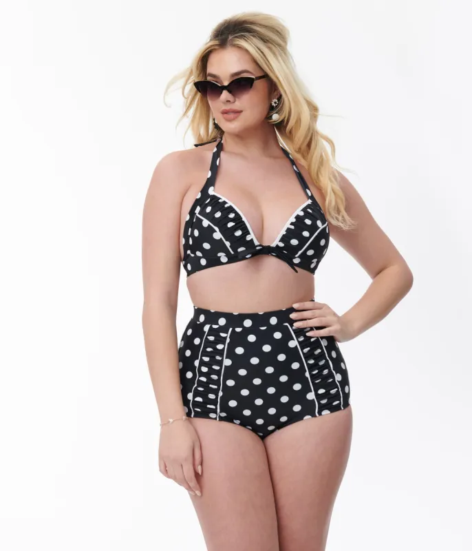 Unique Vintage Black & White Polka Dot Ruched Swim Bottom sold by Unique Vintage