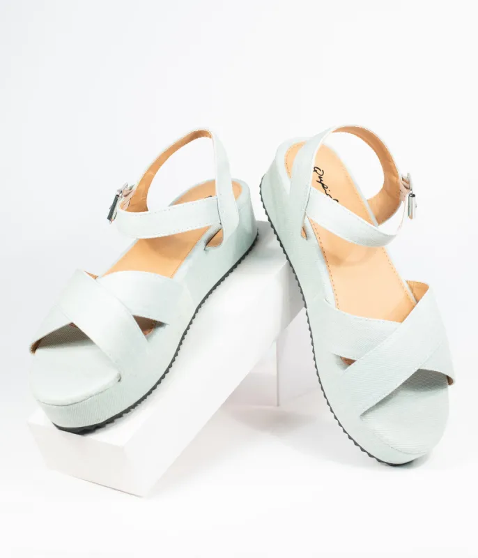 Pale Blue Denim Cross Strap Platform Keliko Sandals sold by Unique Vintage