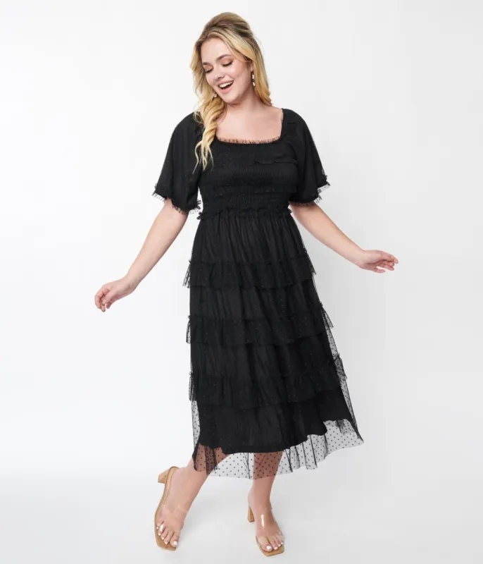 Black Ruffled Tiered Midi Dress sold by Unique Vintage