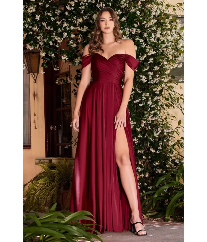 Cinderella Divine  Burgundy Satin Off The Shoulder Bridesmaid Gown sold by Unique Vintage