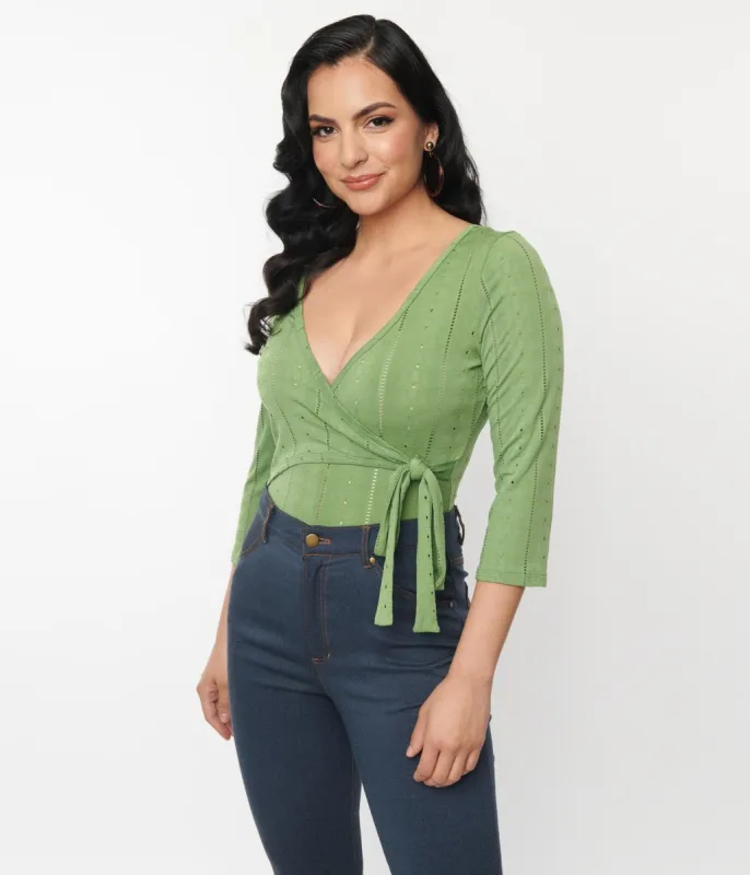 Unique Vintage 1970s Green Eyelet Surplice Bodysuit sold by Unique Vintage