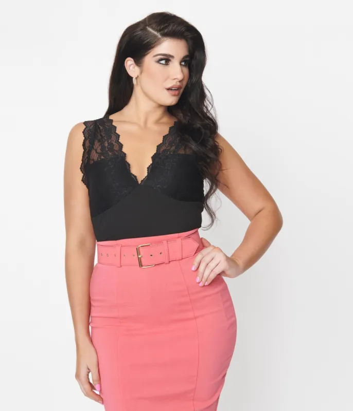 Black Lace Rib Knit Bodysuit sold by Unique Vintage