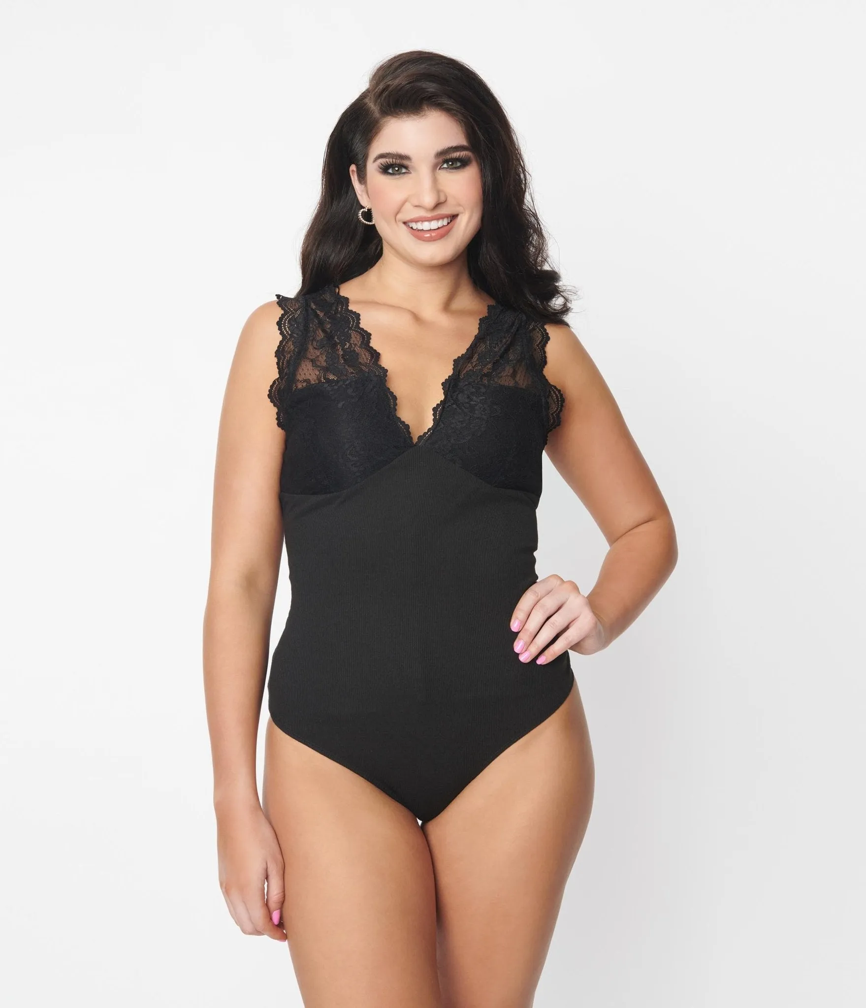 Black Lace Rib Knit Bodysuit sold by Unique Vintage product image thumbnail 2