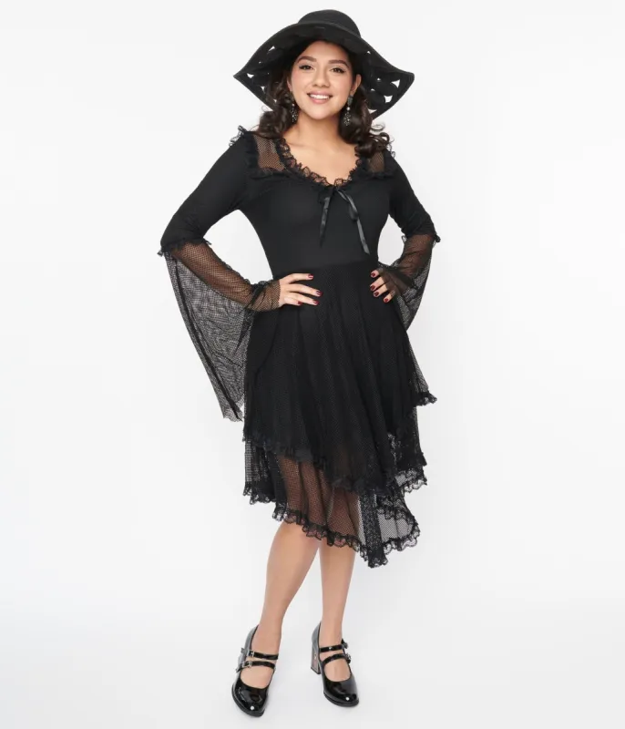 Black Fishnet Frill Flare Dress sold by Unique Vintage