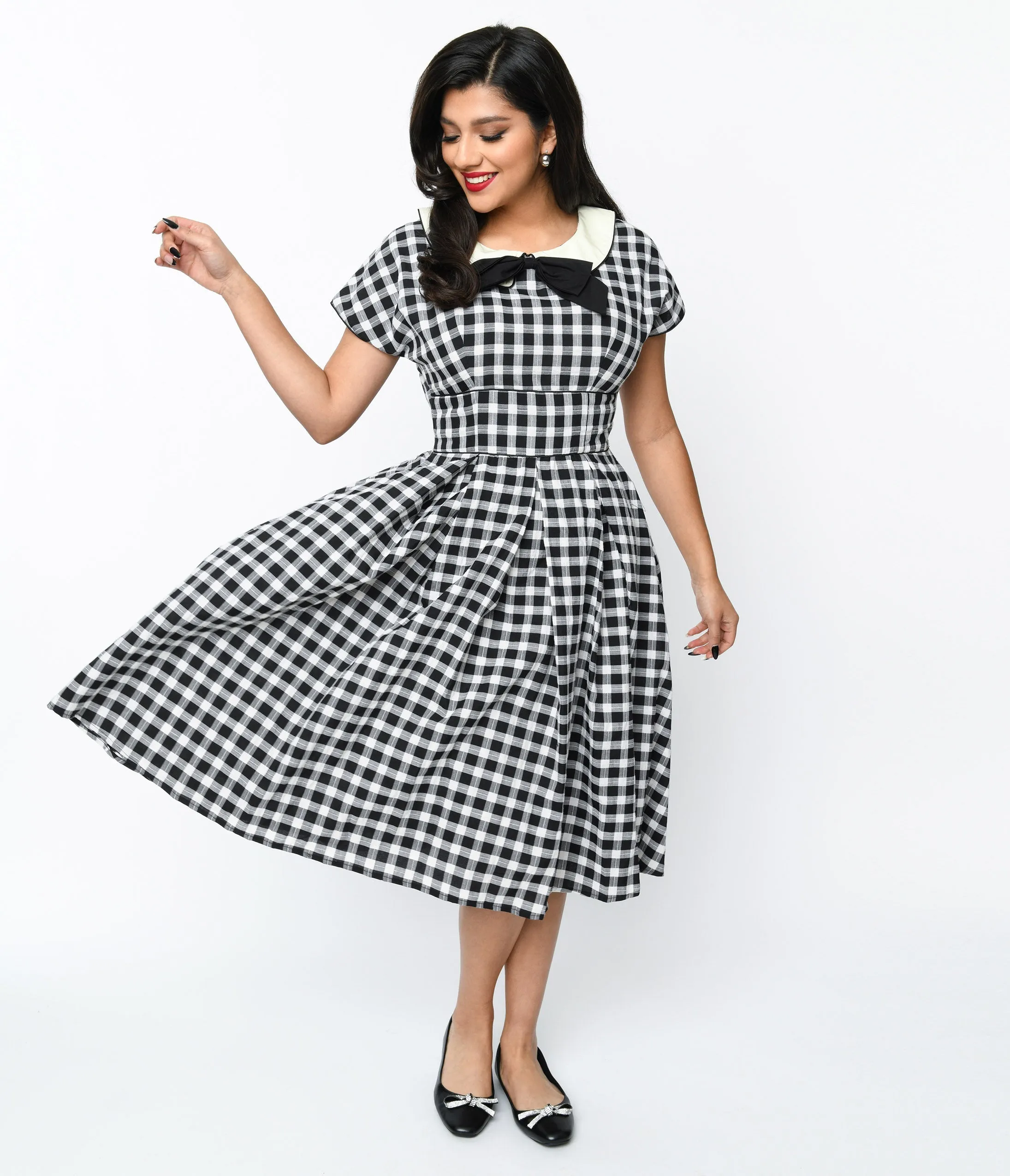 Unique Vintage 1950s White & Black Gingham Swing Dress sold by Unique Vintage