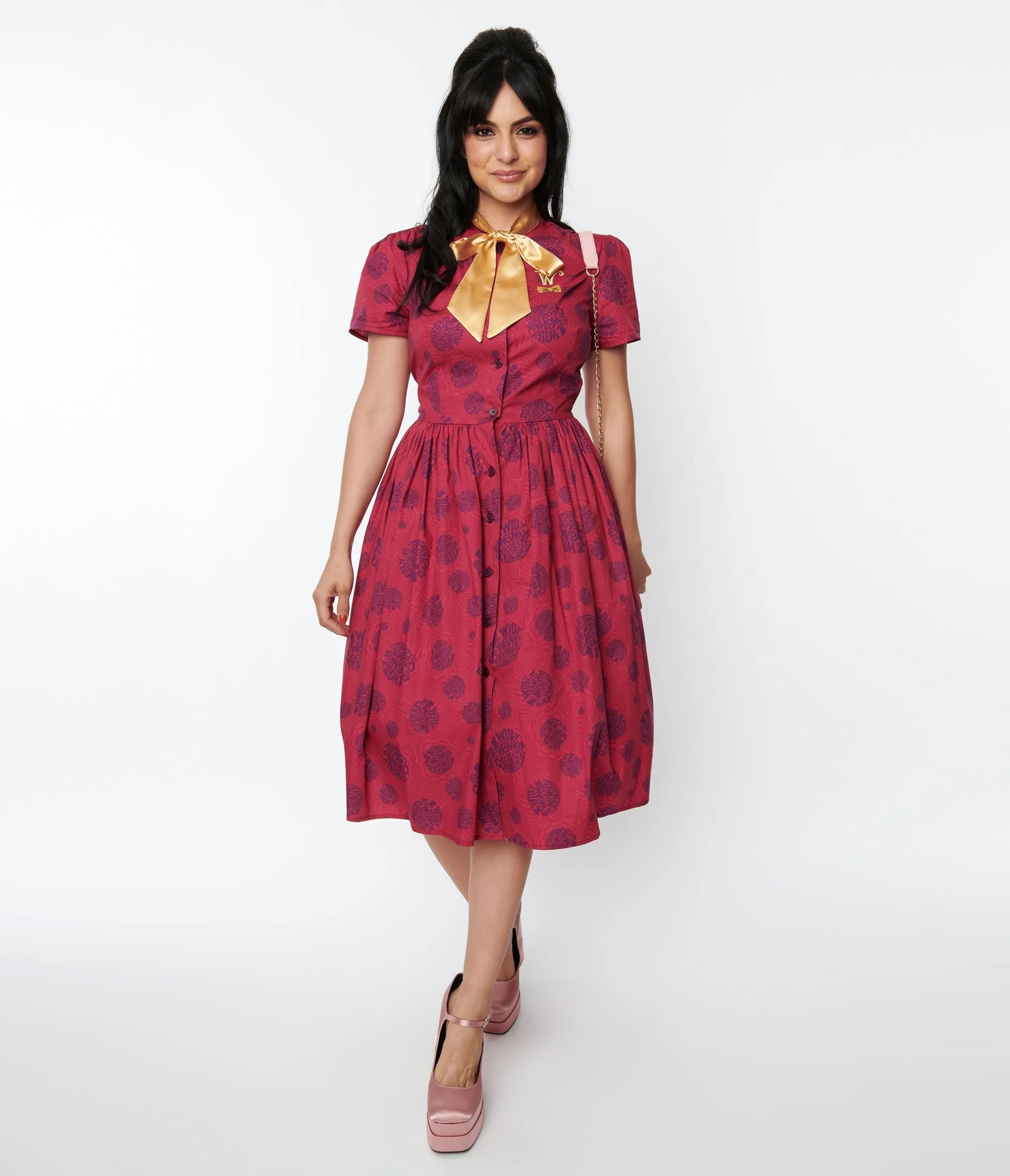 Willy Wonka x Unique Vintage Berry Swirls & Gold Bow Swing Dress sold by Unique Vintage